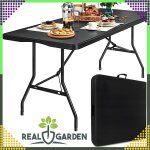 Összecsukható kerti catering asztal – 180x74 cm, bőrönd formában, masszív, fekete