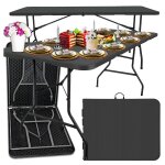 Összecsukható kerti catering asztal – 180x74 cm, bőrönd formában, masszív, fekete