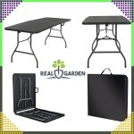Összecsukható kerti catering asztal – 180x74 cm, bőrönd formában, masszív, fekete