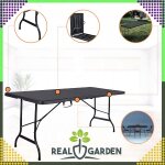 Összecsukható kerti catering asztal – 180x74 cm, bőrönd formában, masszív, fekete