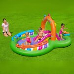 Bestway zenés felfújható vízi játszótér csúszdával – 295×190×137 cm – szórakozás vízzel és játékkal